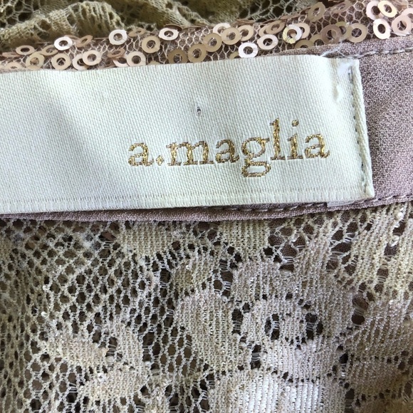 A.Maglia Tan Sleeveless Peplum Blouse with Sequin Collar & Lace Panel in Back - Picture 6 of 8